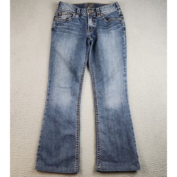 Silver Jeans Women's 29x28 90s Suki Flare Leg Blue Denim Stretch Low Rise Hemmed - Picture 2 of 13